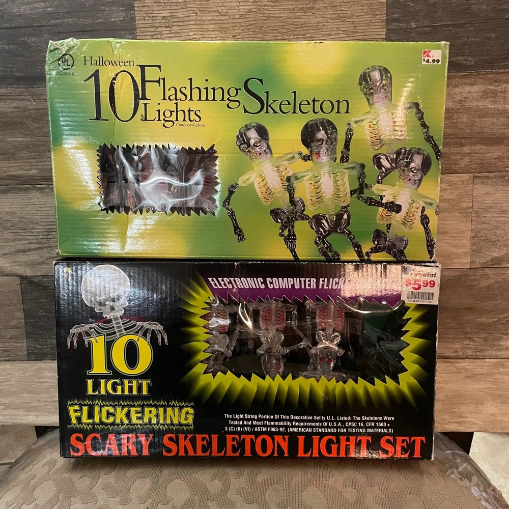 Vintage Halloween Skeleton String Lights Set of 2 Kmart Flashing Flickering 10ct